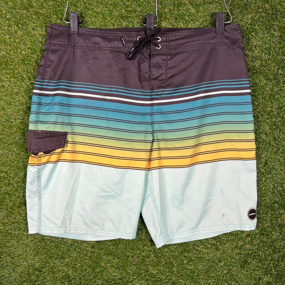 ONeill Mens Board Shorts Size 36‎ Striped Black Teal Aqua Swim Trunks